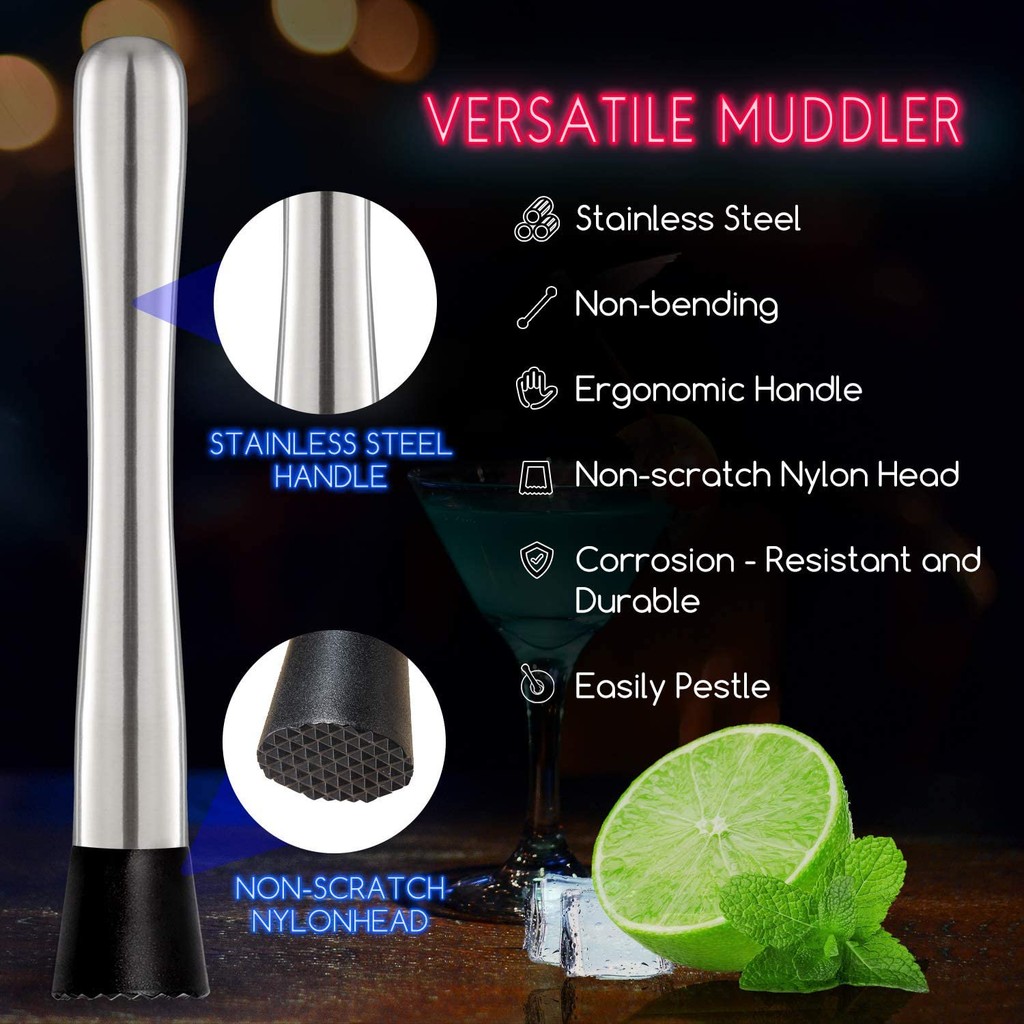 Stainless Steel Cocktail Muddler and Mixing Spoon Home Bar Tool Set - Create Delicious Mojitos and O