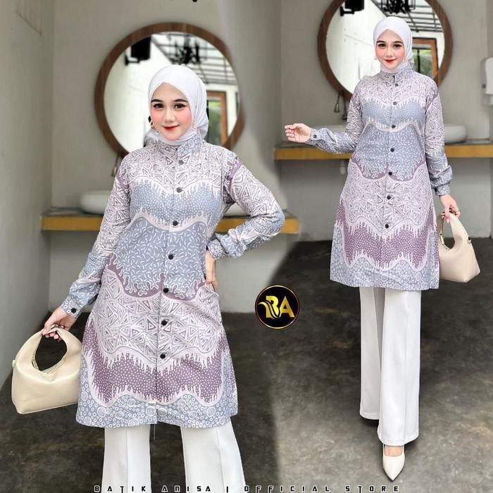 Batik Couple Atasan Baju Batik Wanita Modern Tunik Kancing dan Kemeja Kain Katun - Wanita Lilac, M