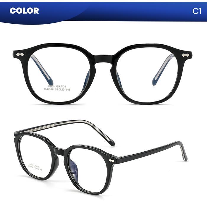 Kacamata Minus Metal TR90 Frame Bulat Anti Blue Light Fashion Pria Wanita - IOOI 6846 - C1, Frame On