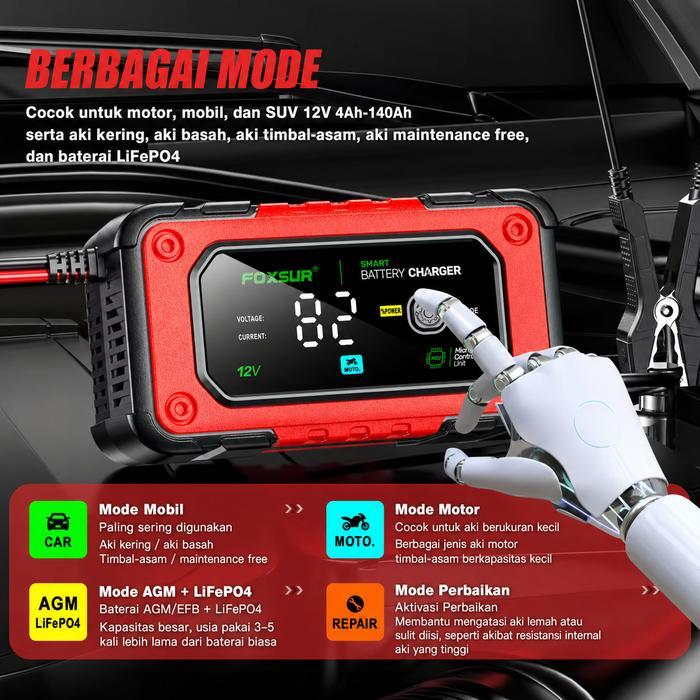 FOXSUR Charger Aki Mobil Motor 12V 7A Smart Charger Digital Display