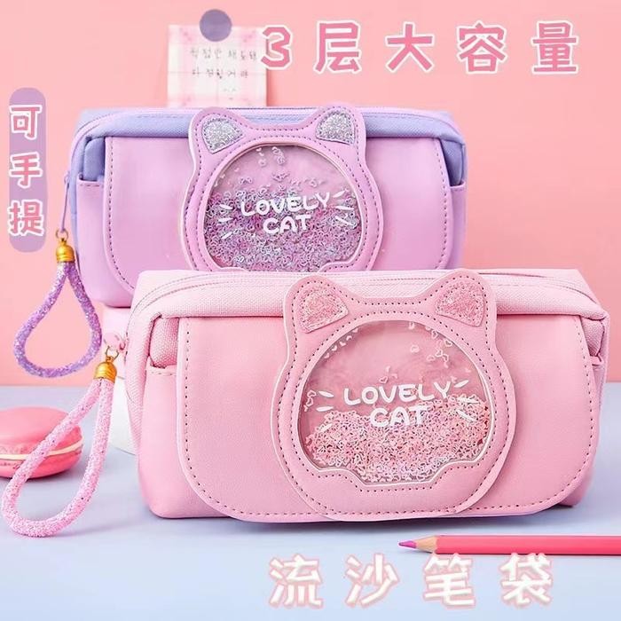 

KOTAK TEMPAT PENSIL CASE RESLETING ANAK GLITTER CAT KUCING LUCU 3 SLOT