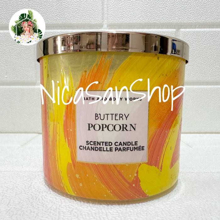 bath & body works buttery popcorn 3 wick candle lilin aromaterapi kode 382