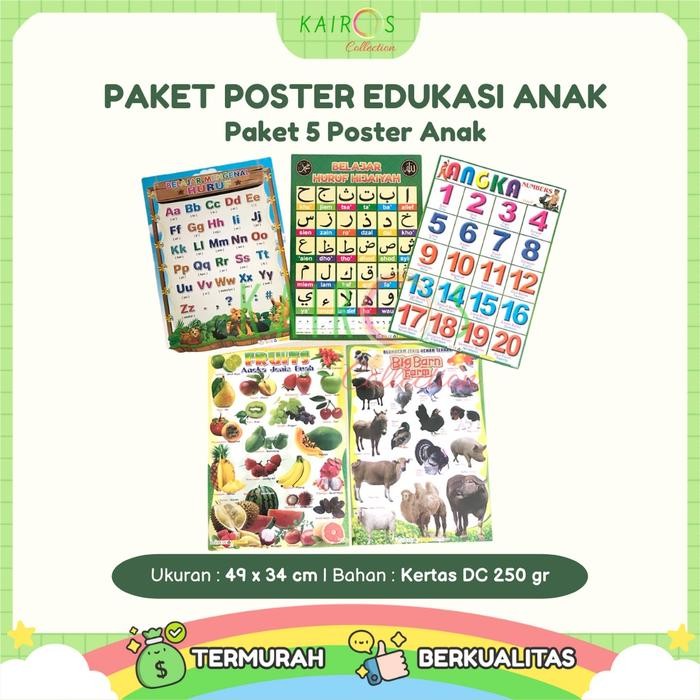 

New Paket 5 Poster Edukasi Anak Belajar Mengenal Huruf, Angka, Hijaiyah, Hewan dan Buah Karton