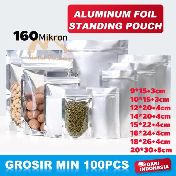 100PCS Alumunium Standing Pouch Silver Kemasan Standing Pouch Aluminum Foil Clear Zipper Bag Food