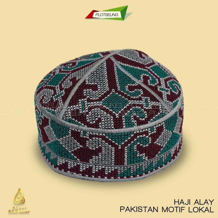ASLI Peci Kopiah Rajut PAKISTAN Lokal Abu Biru Cokelat Hitam Hijau Merah dan Putih Motif Full Bordir