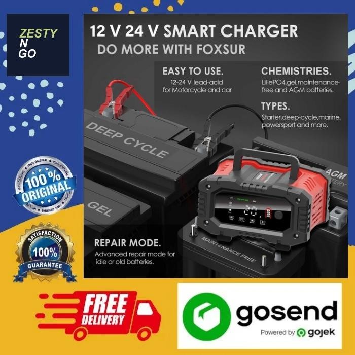 Foxsur Charger Baterai Aki Mobil Motor Portable 20A 300W 12/24V