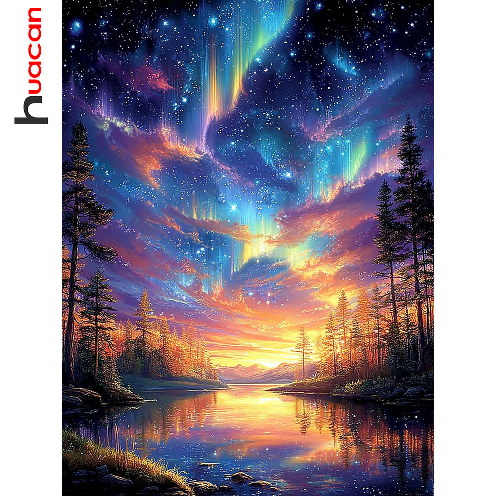 Huacan Full Diamond Painting Aurora Rr Forest Diamond Mosaic Landscape New Collection Picture Of
