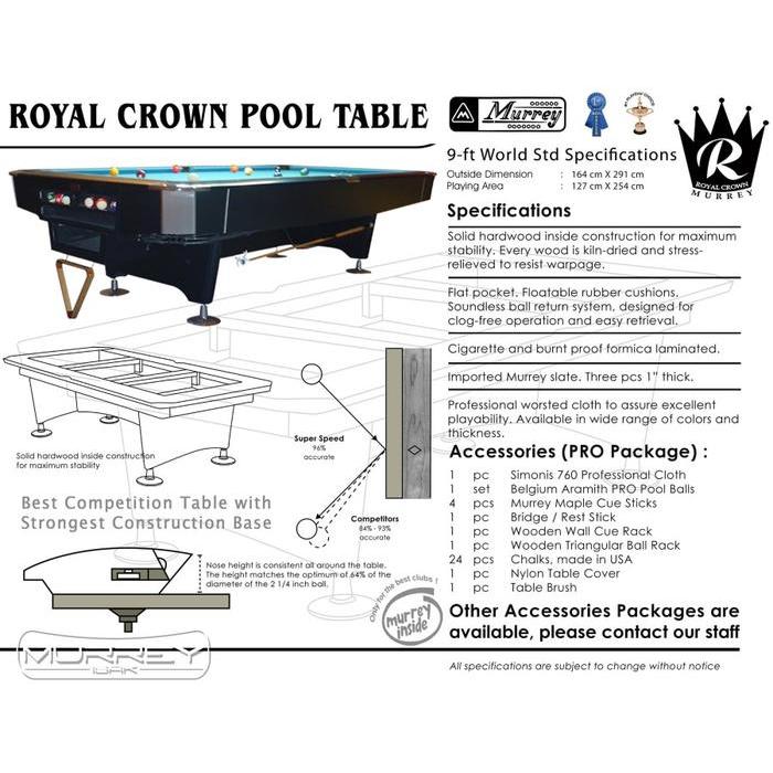 Murrey Royal Crown 9 Ft Pool Table - Meja Biliard Biliar 9 Feet