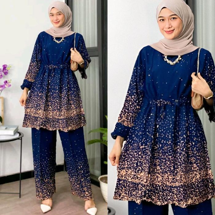 Setelan Wanita Tiedye One Set Tunik Ld 120 Jumbo Motif Batik Semprot Rayon Premium Terbaru 