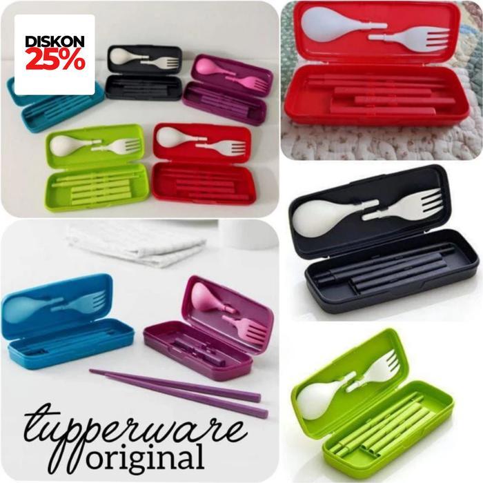 Tupperware Cutlery Set Lengkap Case Sendok Garpu Sumpit Chopstick Terbaru 