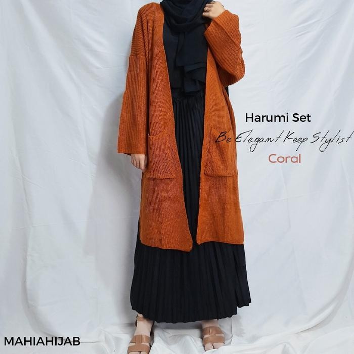 Harumi Set (Long Cardigan + Rok Plisket) Korean Style Outfit By Mahiahijab