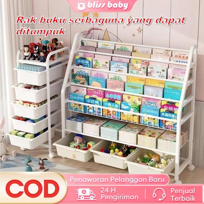 Rak Buku Susun Serbaguna Tempat Rak Buku Anak Rak Portable Roda Rak Mainan Rak Roda Toy Storage