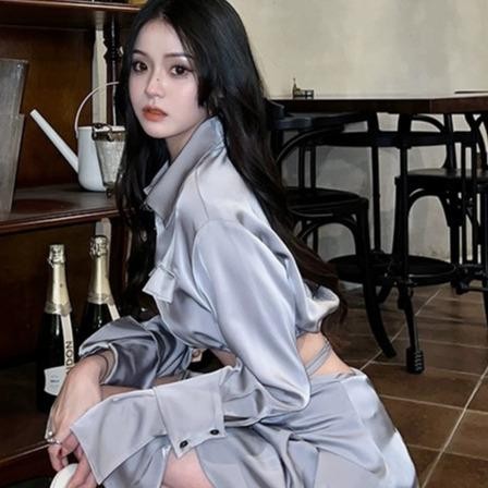 Z_L_  Final Big SaleKorean One Set Long Sleeve Satin Button Shirt + Satin Pendek Skirt 1575