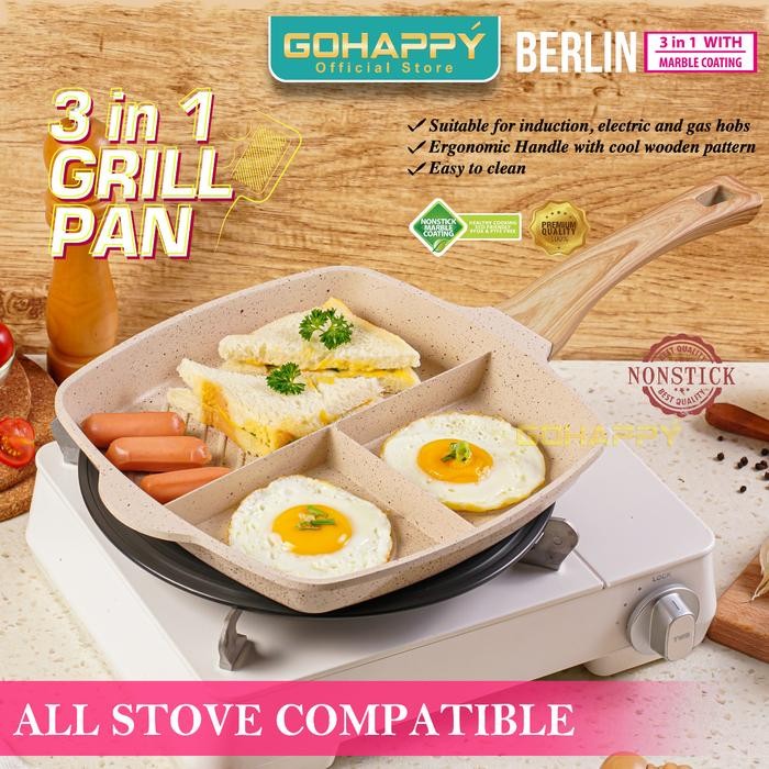 Panci Grill Pan 3 sekat anti lengket - Berlin Go happy Alat Pemanggang