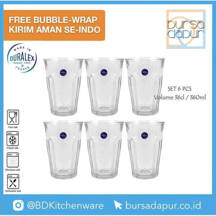ASLI Duralex Glass Picardie Clear Tumbler 36 cl (360 ml, 12 5/8 oz) [1029AB06] - 6 Pcs READY STOCK