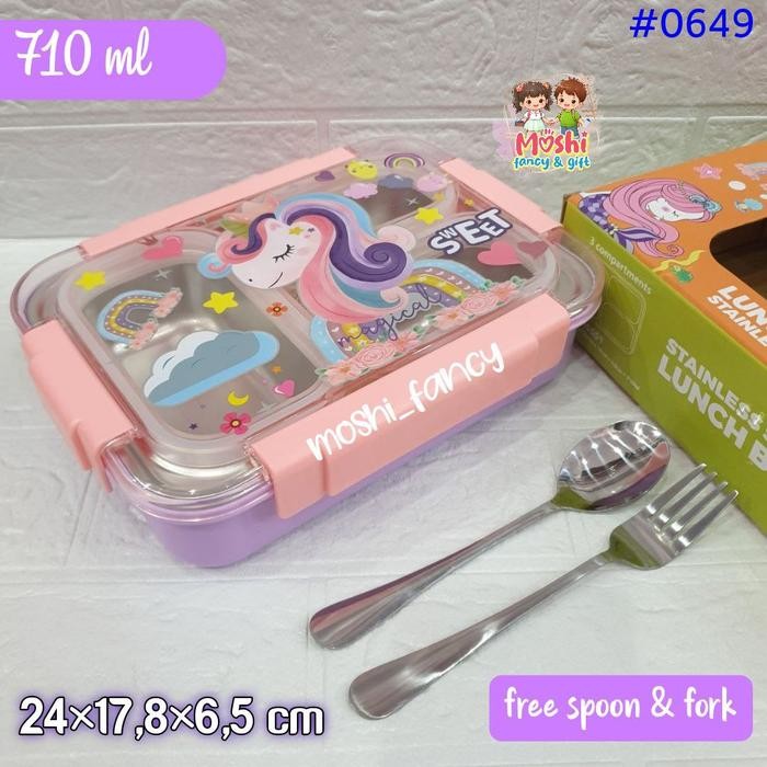 Terlaris Box Makan Stainless Motif Unicorn Sekat 3 / Yummy Box Stainless Sekat 3 Unicorn / Tempat