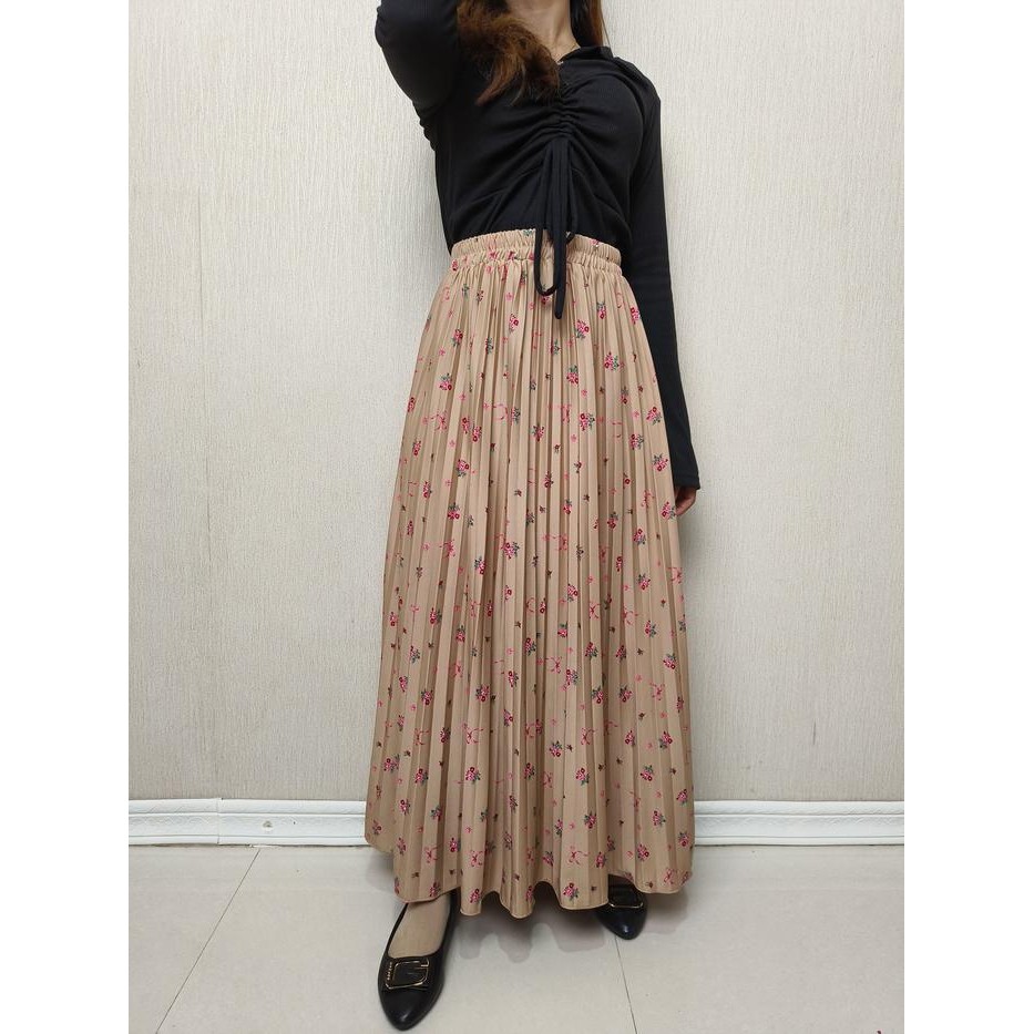 Rok Wanita Bawahan Muslim Plisket Motif Bunga Pita