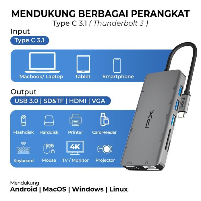 PX UCH011 Converter Hub Adapter 11 in 1 Type C 3.1 to 4K HDMI HDMI VGA