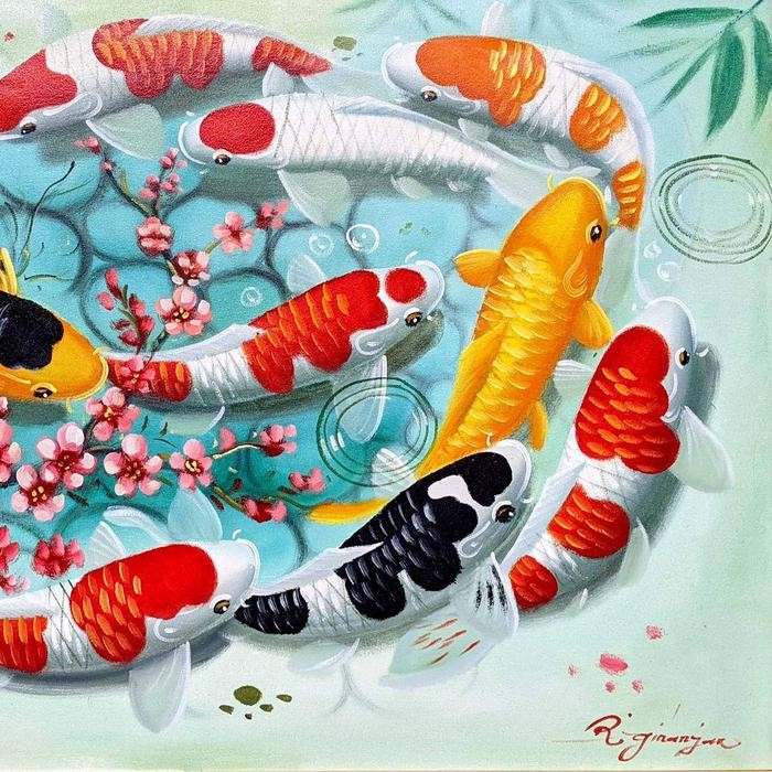 bnYkPromo- Lukisan Koi 9 Ekor 60X80 - Lukisan Kanvas Ikan Koi Untuk Ruang Tamu & Fengshui