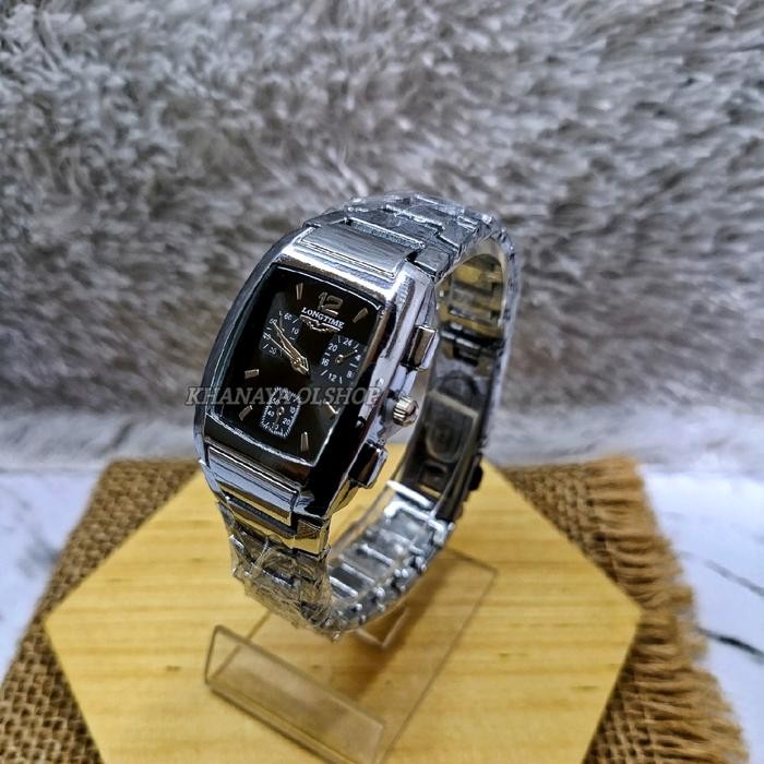(Terlaris) Jam Tangan Kotak Wanita Crono Longtime Rantai Stainless Steel Quartz Kaca Sabuk Hitam