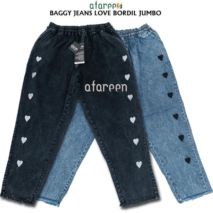 9qli- Afareen - Kulot Jeans Love Jumbo Celana Panjang Jeans Jumbo Baggy Jeans Wanita