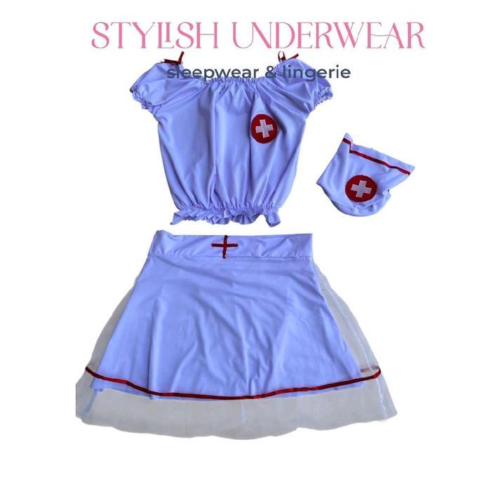 Kostum suster setelan wanita bahan spandex lingerie cosplay suster/nurse jumbo baju tidur wanita - S