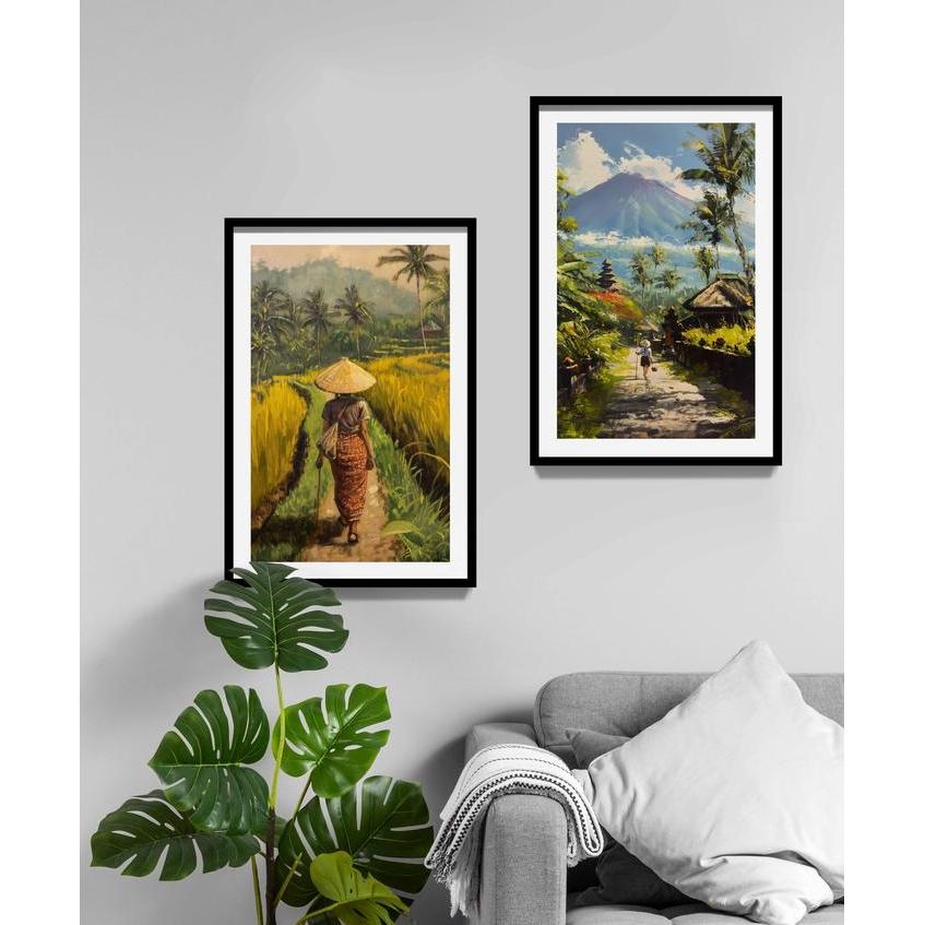 Lukisan Pemandangan Alam Sawah Bali, Bali Nature And Culture Art Print, Lukisan Petani Dan Pertanian