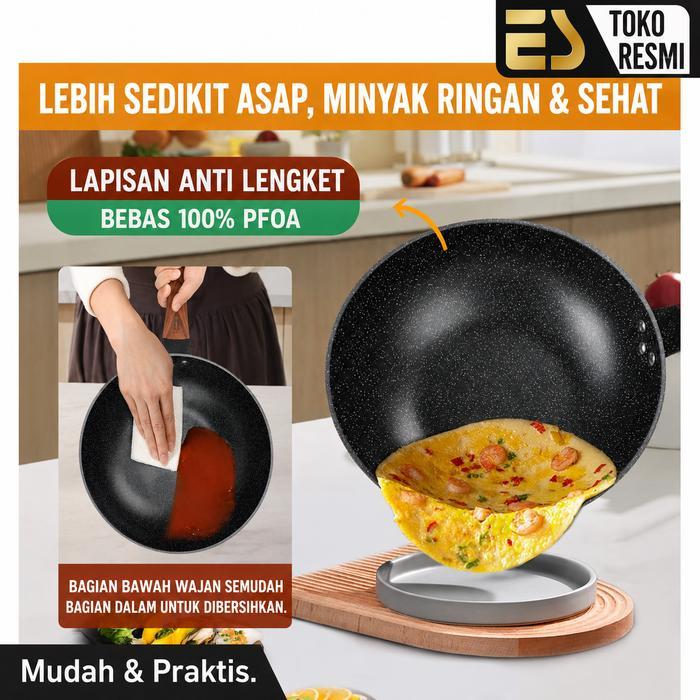 Cypruz Iron - Wajan Tumis Wok Pan 30cm Granite Tebal Dengan Tutup Kaca Anti Lengket Wajan Teflon