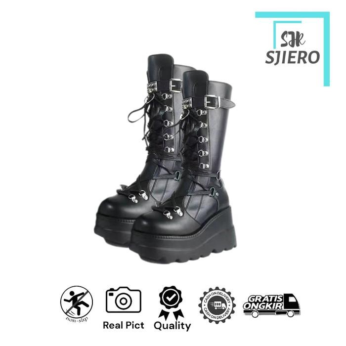 Adorableprojects- Sepatu Boots Chunky Panjang Wanita Hak Tinggi Fashion 291 Kekinian Hitam Karet