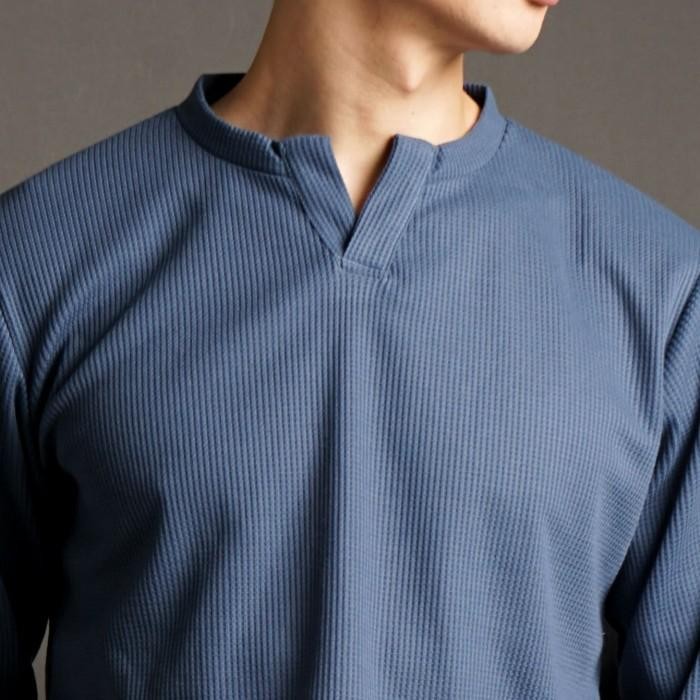 nawla - Atasan Pria Kaos Lengan Panjang Waffle Knit Shirt Kerah V-Neck