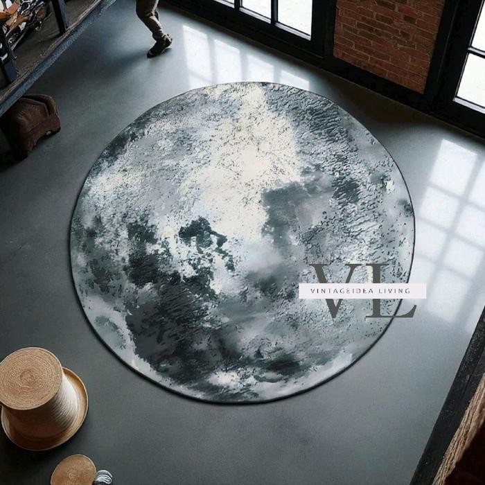 Vintageide Karpet Lantai Bulat Jumbo Monokrom Hitam Putih