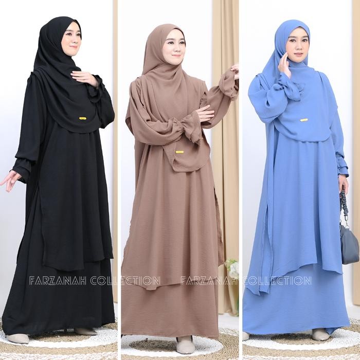 Pilihan- One Set Abaya Khadijah Rok+ Long Tunik + Pasmina Crinkle Airflow Setelan Wanita Malay