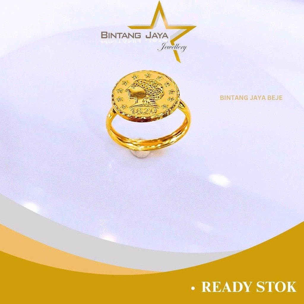 Cincin Emas Asli Koin Gambar Patung Tahun 1820 Doft Kuning - (16K) - 1,03gr Size 16 - Desain Kuno El