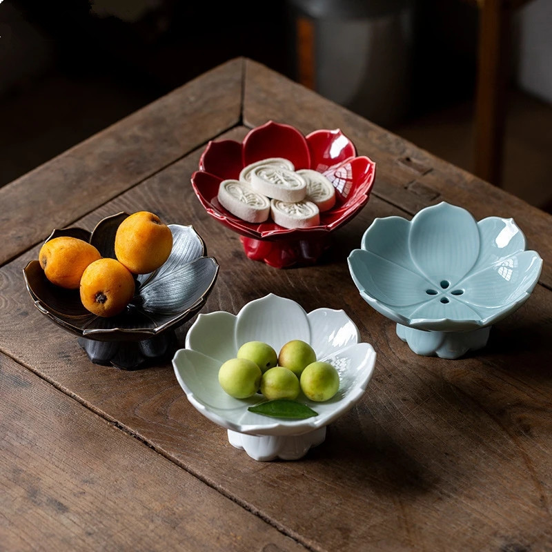 Lotus Fruit Plate Can Be Drained Fruit Basket Chinese Ceramic Snack Refreshment Plate Buddha Plate H