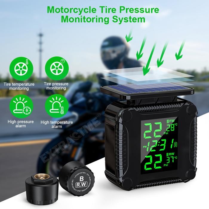 EXTRACTME TIRE PRESSURE MONITORING SYSTEM COLORFUL DISPLAY WIRELESS TPMS MOTORCYCLE SOLAR CHARGE