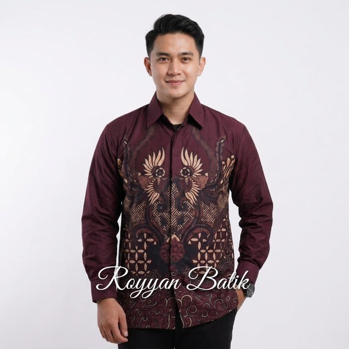 Royyan Batik - Kemeja Batik Pria Lengan Panjang Motif Terbaru Warna Merah Burgundy Maroon M L Xl Xxl