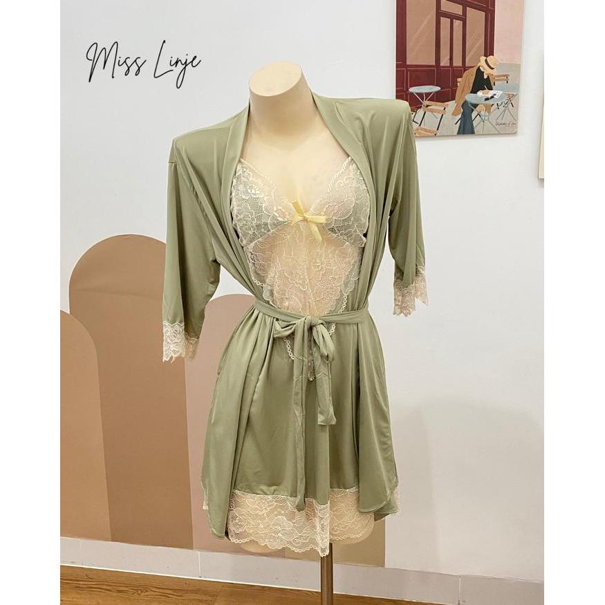 PROMO SETELAN LINGERI BAJU TIDUR SET KIMONO DAN DRESS RENDA ICE SILK PREMIUM