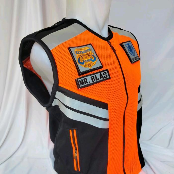 rompi security/satpam,rompi security terbaru,rompi jala tebal hitam orange,peralatan kerja