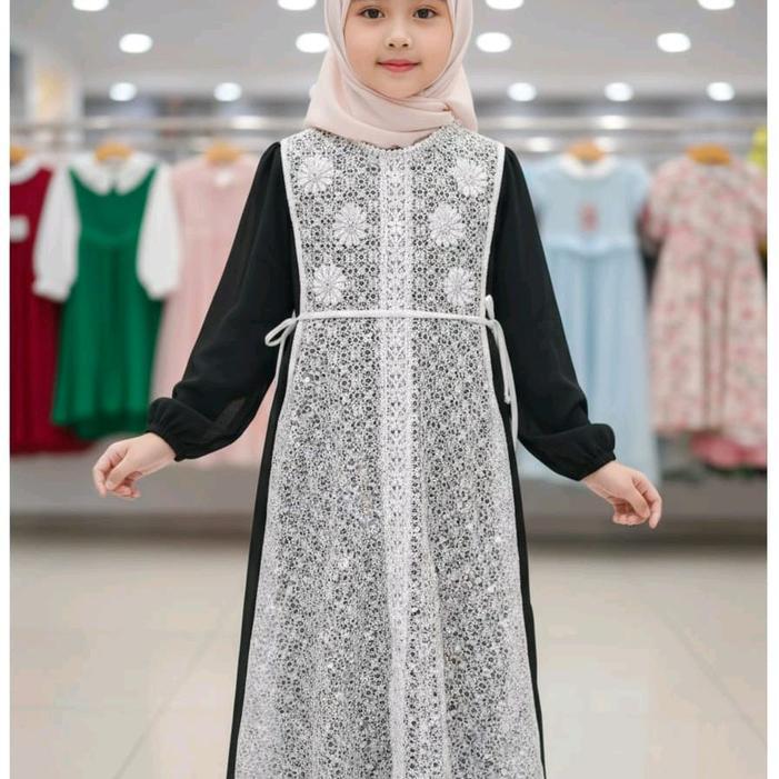 Gamis Anak Brokat s Katun Kekinian/ Baju Gamis Anak Hitam s/Gamis Fashion Anak Brokat Premium Elegan