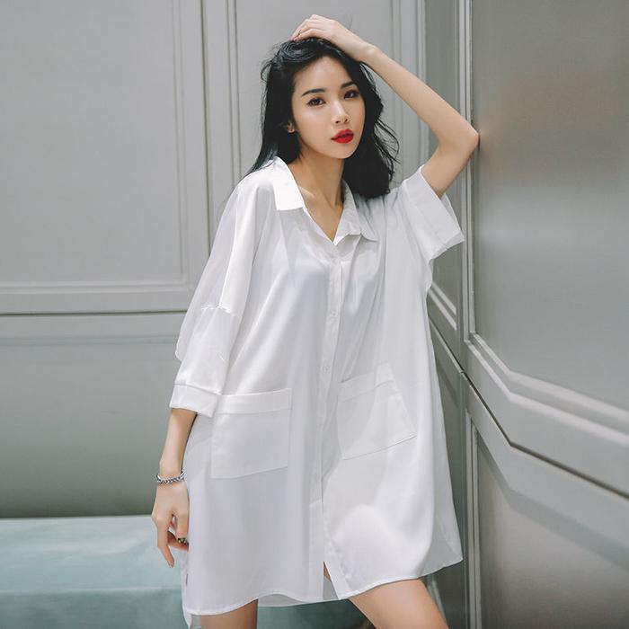 AKLOVER Pakaian Rumah Sifon Setengah Panjang Piyama Wanita Longgar Kemeja Wanita Putih Baju Tidur Se