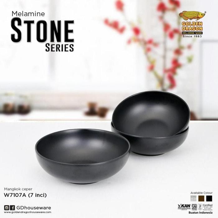 Pilihan- Mangkok Ceper Model Batu 7" Hitam Melamine - Golden Dragon W7107A