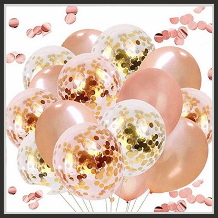 PAKET BUCKET BALON LATEX METALIK CONFETTI GOLD ROSE GOLD 40 PCS