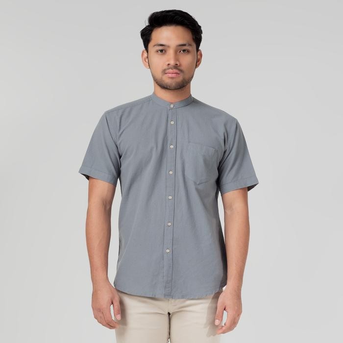 SALE Benhill Kemeja Koko Pria Linen Polos Lengan Pendek Grey 50006-16610 Kantong Katun