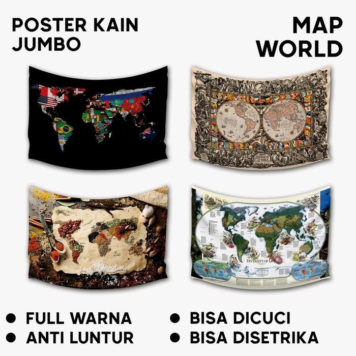 Bendera Jumbo peta dunia vintage hiasan kamar, peta edukasi