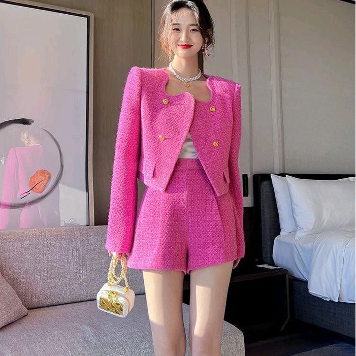 Pilihan- Missmoka Bobbie Set Setelan Tweed Blazer Dan Celana Pendek Gaya Korea