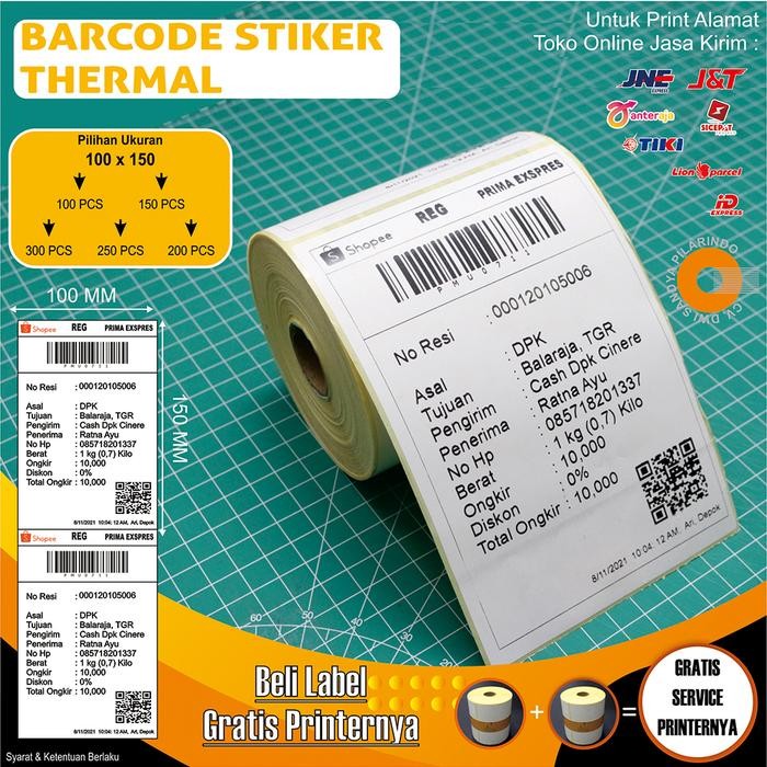 Pilihan- Label Thermal / Stiker Label Thermal Expedisi 100 X 150 Mm