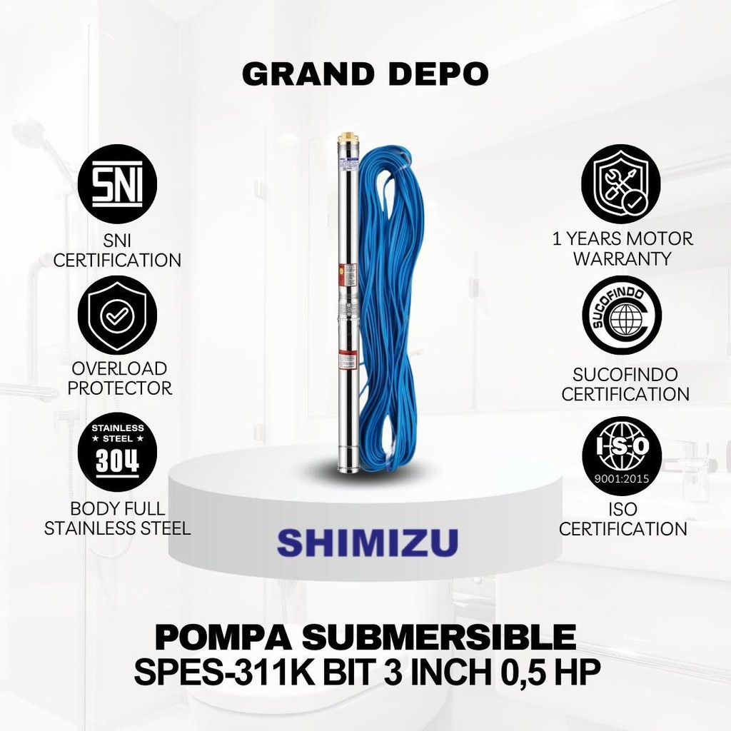 Shimizu Pompa Submersible 3 inch 0.5 HP + Kabel Eco SPES 311 K BIT / Pompa Submersible Shimizu