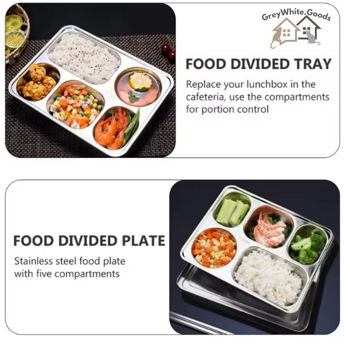 Food Tray 5 Sekat + Tutup Stainless 304 Nampan Makanan Ompreng 5 Sekat Kotak Makan Stainless