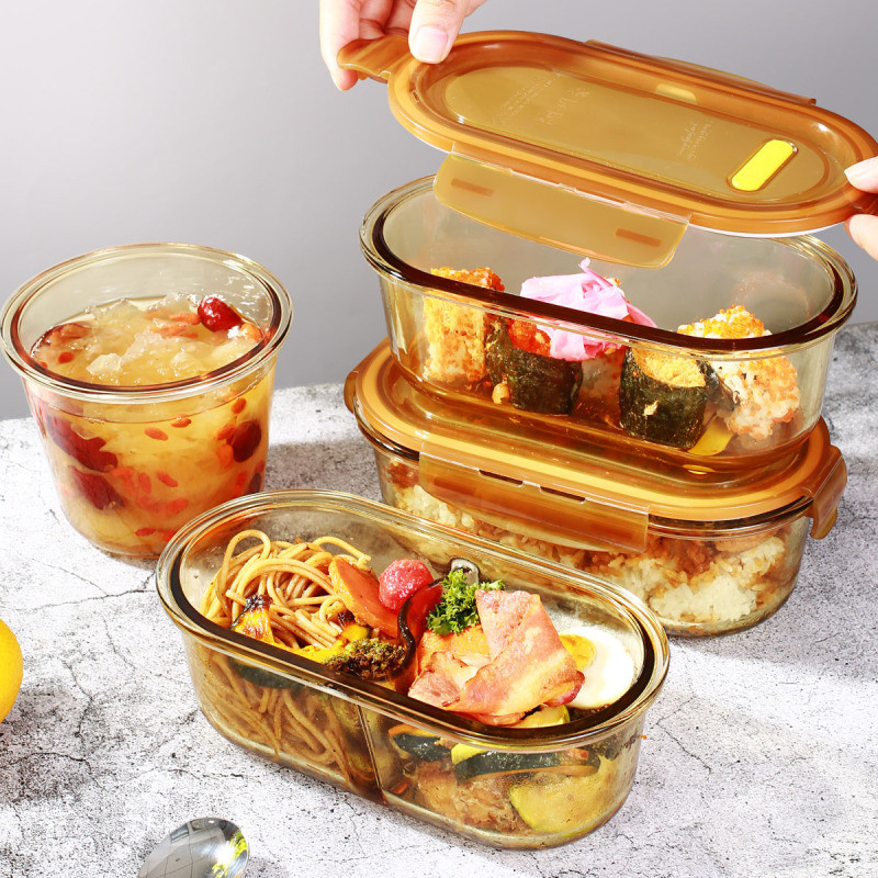 Glass lunch box Microwave oven heating glass fresh-keeping box lunch box refrigerator bento box tran