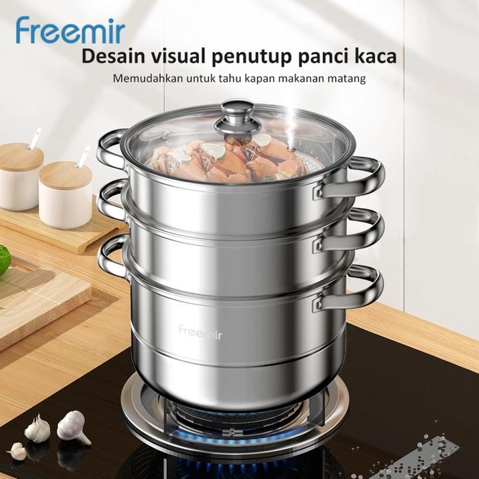 megj- Freemir Panci Kukus Stainless Steel 3 Susun Dandang Steamer Kukusan